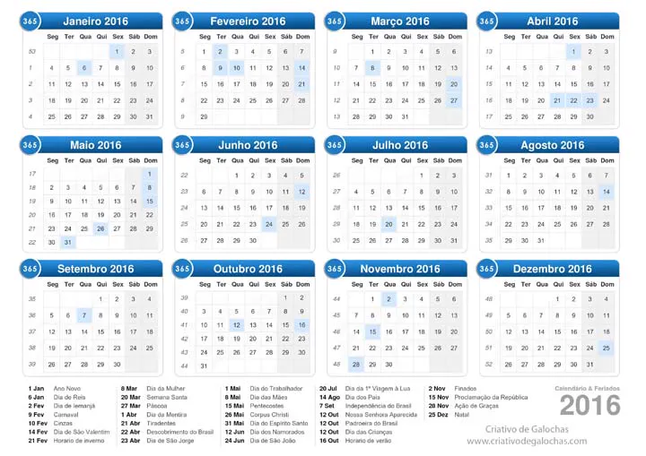 Calendário 2016
