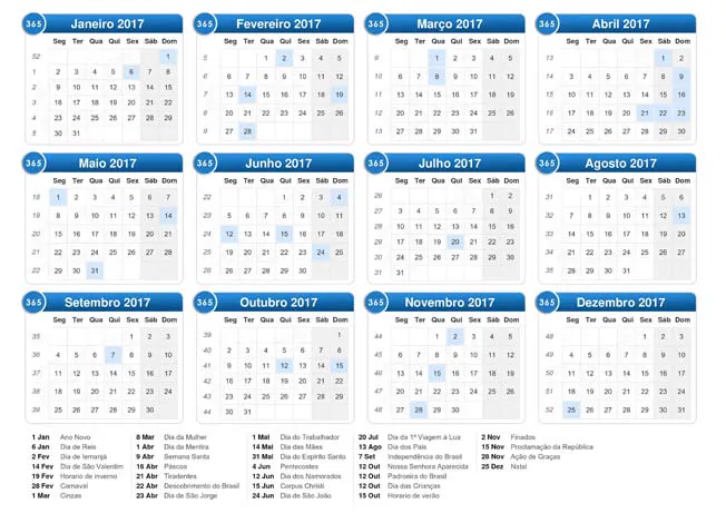 download do calendário de feriados e datas comemorativas em 2017